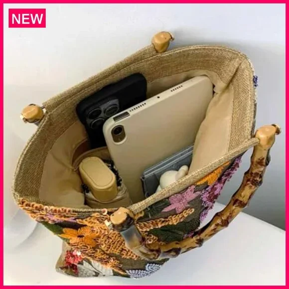 Bamboo Handle Embroidered Clutch Bag, Large Capacity, Retro Style Evening Bag - Picture 7 of 8